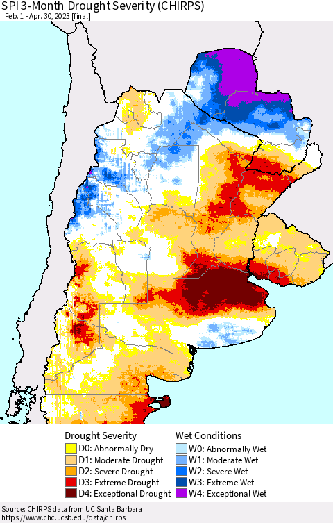 Southern South America SPI 3-Month Drought Severity (CHIRPS) Thematic Map For 2/1/2023 - 4/30/2023