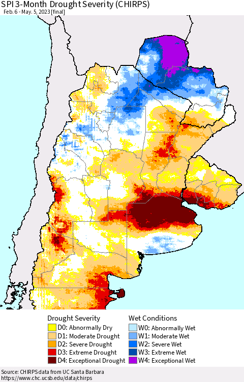 Southern South America SPI 3-Month Drought Severity (CHIRPS) Thematic Map For 2/6/2023 - 5/5/2023