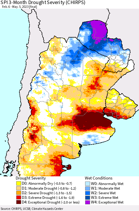 Southern South America SPI 3-Month Drought Severity (CHIRPS) Thematic Map For 2/6/2023 - 5/5/2023