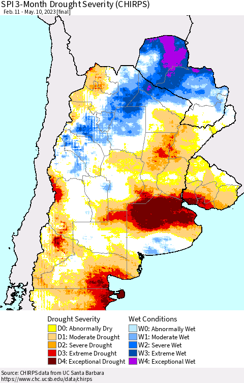 Southern South America SPI 3-Month Drought Severity (CHIRPS) Thematic Map For 2/11/2023 - 5/10/2023