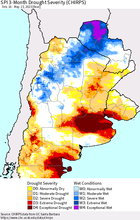 Southern South America SPI 3-Month Drought Severity (CHIRPS) Thematic Map For 2/16/2023 - 5/15/2023