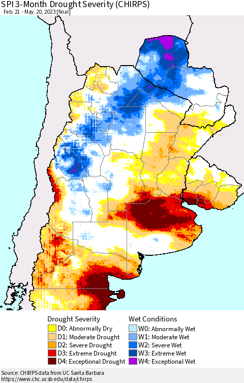 Southern South America SPI 3-Month Drought Severity (CHIRPS) Thematic Map For 2/21/2023 - 5/20/2023