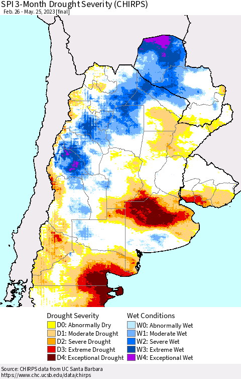 Southern South America SPI 3-Month Drought Severity (CHIRPS) Thematic Map For 2/26/2023 - 5/25/2023