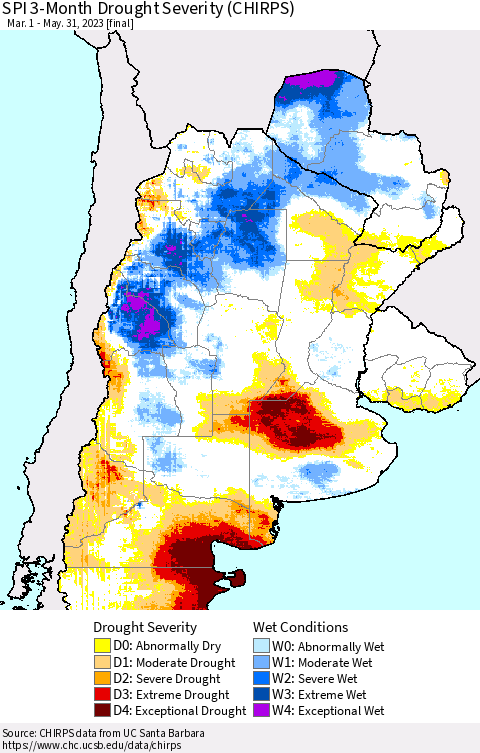 Southern South America SPI 3-Month Drought Severity (CHIRPS) Thematic Map For 3/1/2023 - 5/31/2023