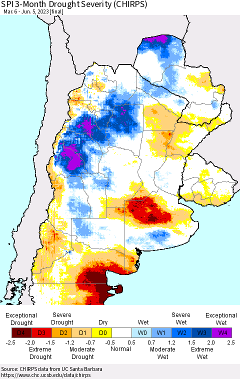 Southern South America SPI 3-Month Drought Severity (CHIRPS) Thematic Map For 3/6/2023 - 6/5/2023