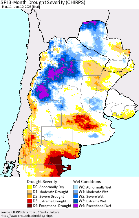 Southern South America SPI 3-Month Drought Severity (CHIRPS) Thematic Map For 3/11/2023 - 6/10/2023