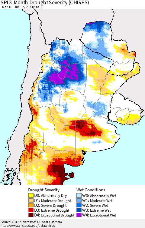 Southern South America SPI 3-Month Drought Severity (CHIRPS) Thematic Map For 3/16/2023 - 6/15/2023