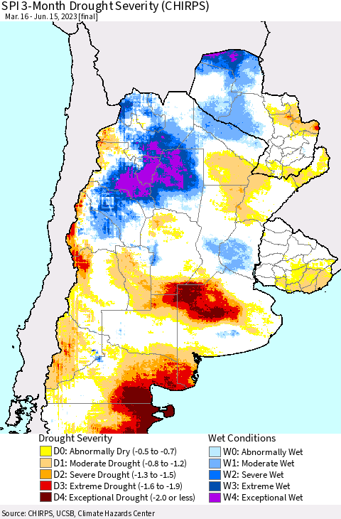 Southern South America SPI 3-Month Drought Severity (CHIRPS) Thematic Map For 3/16/2023 - 6/15/2023