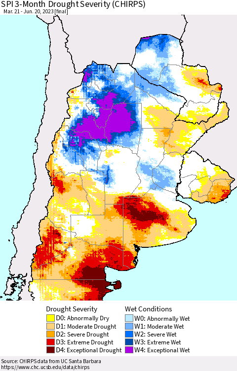 Southern South America SPI 3-Month Drought Severity (CHIRPS) Thematic Map For 3/21/2023 - 6/20/2023