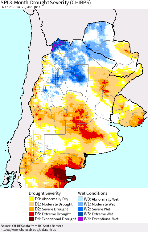 Southern South America SPI 3-Month Drought Severity (CHIRPS) Thematic Map For 3/26/2023 - 6/25/2023