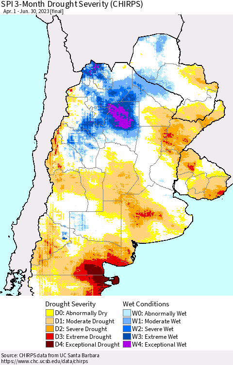 Southern South America SPI 3-Month Drought Severity (CHIRPS) Thematic Map For 4/1/2023 - 6/30/2023