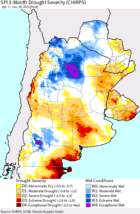 Southern South America SPI 3-Month Drought Severity (CHIRPS) Thematic Map For 4/1/2023 - 6/30/2023