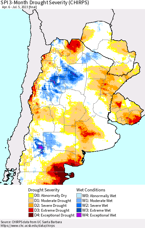 Southern South America SPI 3-Month Drought Severity (CHIRPS) Thematic Map For 4/6/2023 - 7/5/2023