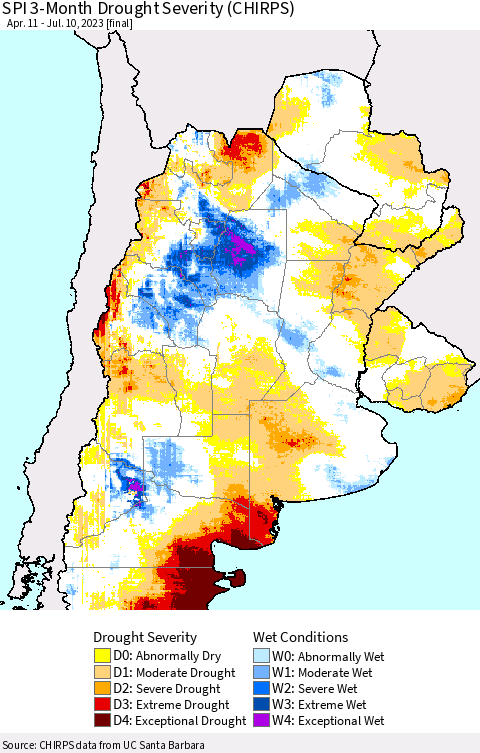 Southern South America SPI 3-Month Drought Severity (CHIRPS) Thematic Map For 4/11/2023 - 7/10/2023
