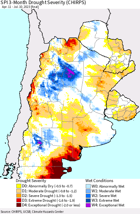 Southern South America SPI 3-Month Drought Severity (CHIRPS) Thematic Map For 4/11/2023 - 7/10/2023