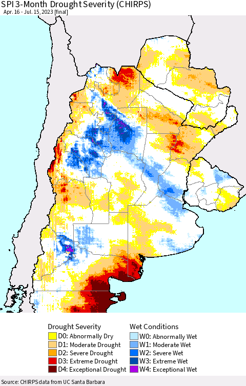 Southern South America SPI 3-Month Drought Severity (CHIRPS) Thematic Map For 4/16/2023 - 7/15/2023