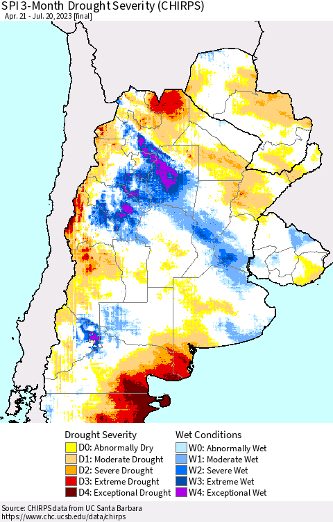 Southern South America SPI 3-Month Drought Severity (CHIRPS) Thematic Map For 4/21/2023 - 7/20/2023