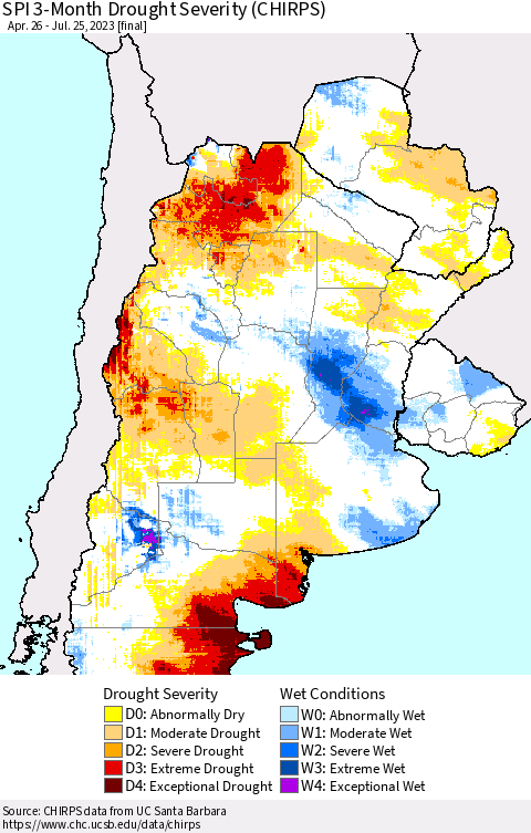 Southern South America SPI 3-Month Drought Severity (CHIRPS) Thematic Map For 4/26/2023 - 7/25/2023