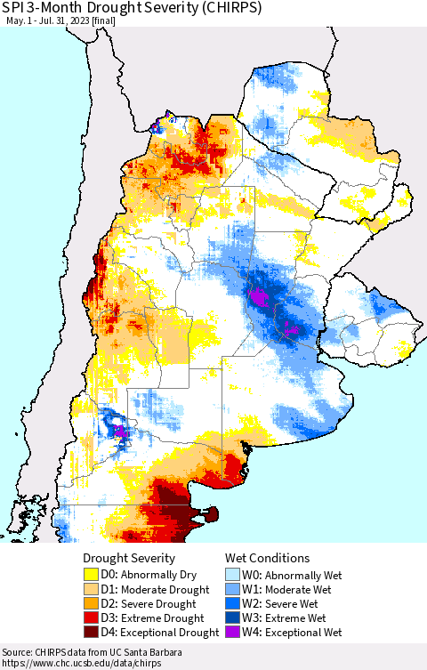 Southern South America SPI 3-Month Drought Severity (CHIRPS) Thematic Map For 5/1/2023 - 7/31/2023