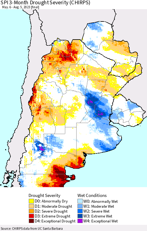 Southern South America SPI 3-Month Drought Severity (CHIRPS) Thematic Map For 5/6/2023 - 8/5/2023