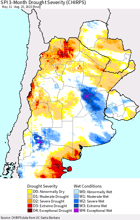 Southern South America SPI 3-Month Drought Severity (CHIRPS) Thematic Map For 5/11/2023 - 8/10/2023