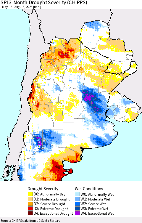 Southern South America SPI 3-Month Drought Severity (CHIRPS) Thematic Map For 5/16/2023 - 8/15/2023