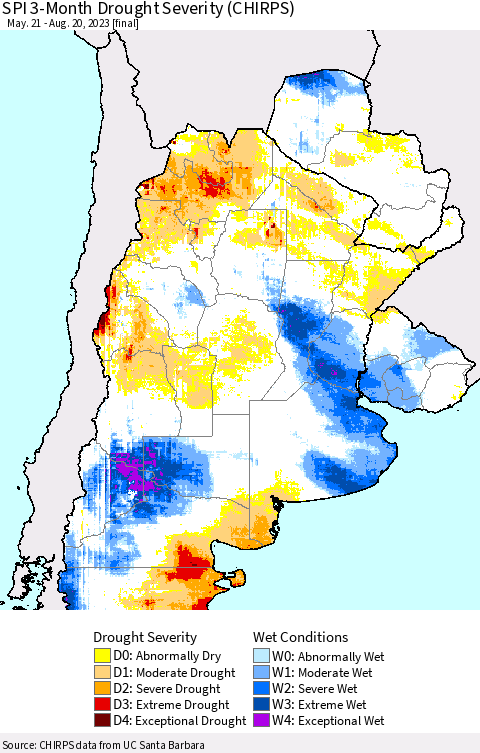 Southern South America SPI 3-Month Drought Severity (CHIRPS) Thematic Map For 5/21/2023 - 8/20/2023