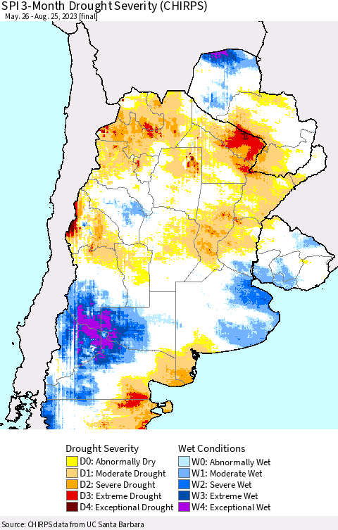 Southern South America SPI 3-Month Drought Severity (CHIRPS) Thematic Map For 5/26/2023 - 8/25/2023