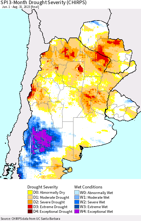 Southern South America SPI 3-Month Drought Severity (CHIRPS) Thematic Map For 6/1/2023 - 8/31/2023