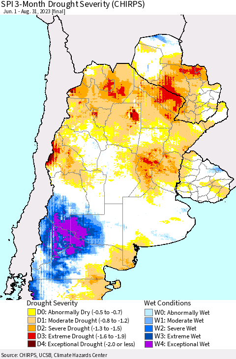 Southern South America SPI 3-Month Drought Severity (CHIRPS) Thematic Map For 6/1/2023 - 8/31/2023