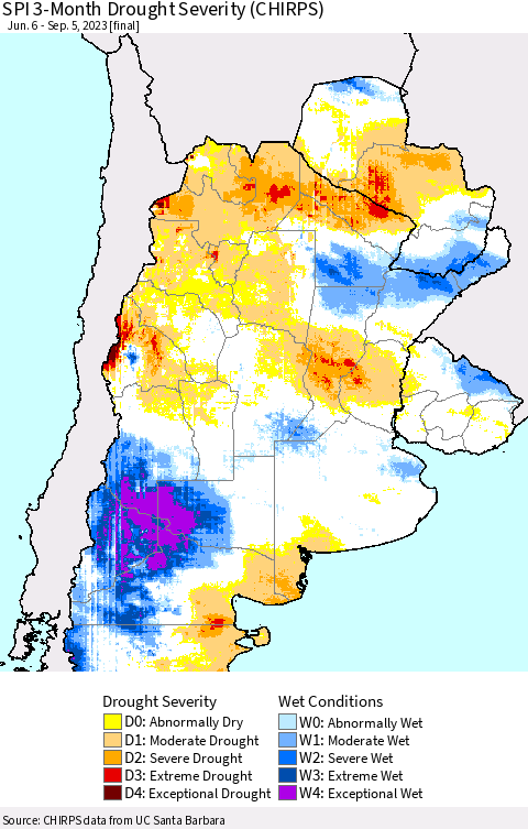 Southern South America SPI 3-Month Drought Severity (CHIRPS) Thematic Map For 6/6/2023 - 9/5/2023