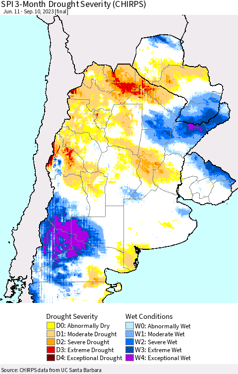Southern South America SPI 3-Month Drought Severity (CHIRPS) Thematic Map For 6/11/2023 - 9/10/2023