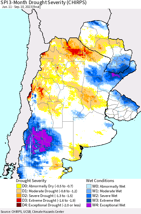 Southern South America SPI 3-Month Drought Severity (CHIRPS) Thematic Map For 6/11/2023 - 9/10/2023