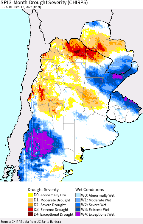Southern South America SPI 3-Month Drought Severity (CHIRPS) Thematic Map For 6/16/2023 - 9/15/2023