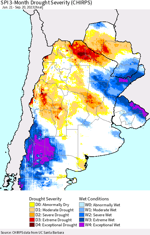 Southern South America SPI 3-Month Drought Severity (CHIRPS) Thematic Map For 6/21/2023 - 9/20/2023