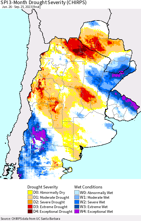 Southern South America SPI 3-Month Drought Severity (CHIRPS) Thematic Map For 6/26/2023 - 9/25/2023
