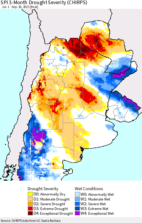 Southern South America SPI 3-Month Drought Severity (CHIRPS) Thematic Map For 7/1/2023 - 9/30/2023