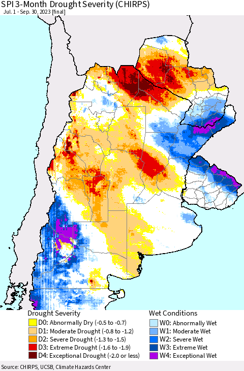 Southern South America SPI 3-Month Drought Severity (CHIRPS) Thematic Map For 7/1/2023 - 9/30/2023