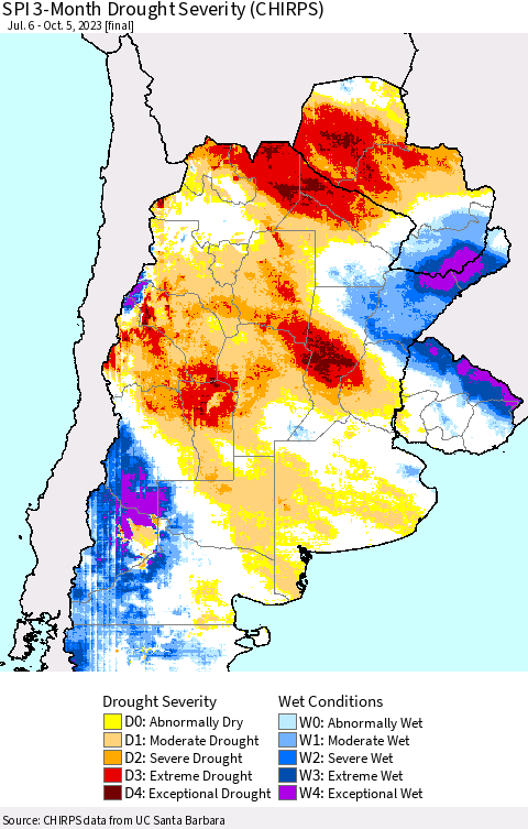 Southern South America SPI 3-Month Drought Severity (CHIRPS) Thematic Map For 7/6/2023 - 10/5/2023