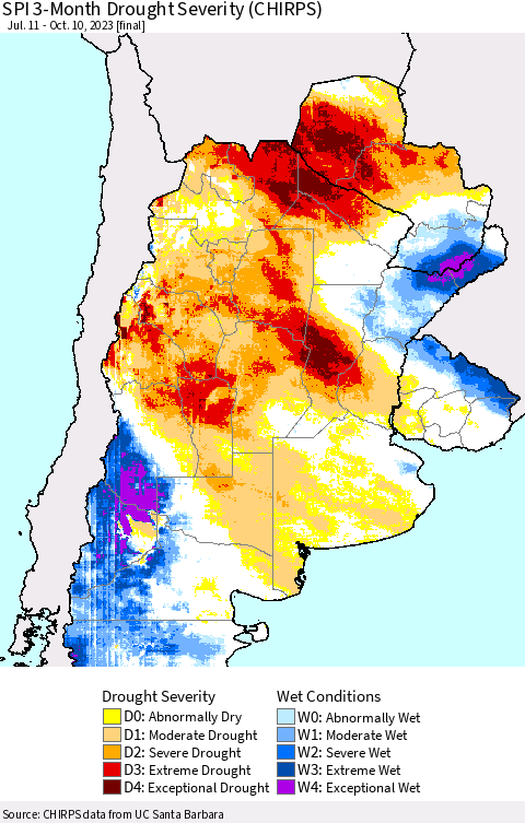 Southern South America SPI 3-Month Drought Severity (CHIRPS) Thematic Map For 7/11/2023 - 10/10/2023