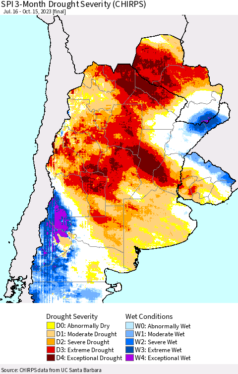 Southern South America SPI 3-Month Drought Severity (CHIRPS) Thematic Map For 7/16/2023 - 10/15/2023