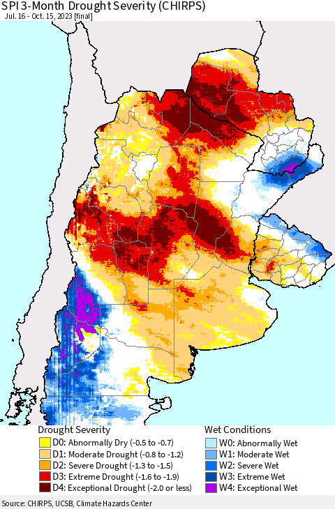 Southern South America SPI 3-Month Drought Severity (CHIRPS) Thematic Map For 7/16/2023 - 10/15/2023