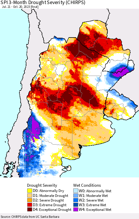 Southern South America SPI 3-Month Drought Severity (CHIRPS) Thematic Map For 7/21/2023 - 10/20/2023
