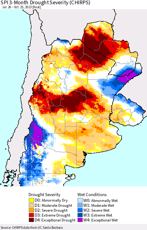 Southern South America SPI 3-Month Drought Severity (CHIRPS) Thematic Map For 7/26/2023 - 10/25/2023