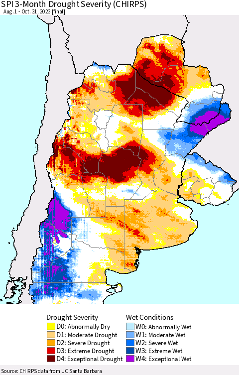 Southern South America SPI 3-Month Drought Severity (CHIRPS) Thematic Map For 8/1/2023 - 10/31/2023