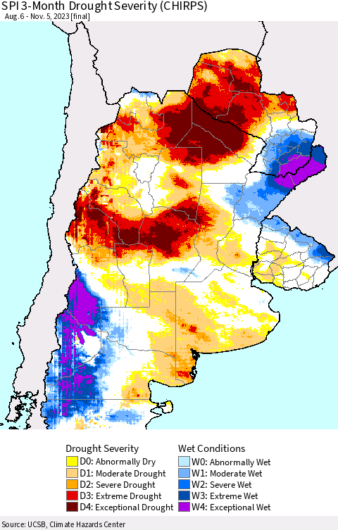 Southern South America SPI 3-Month Drought Severity (CHIRPS) Thematic Map For 8/6/2023 - 11/5/2023