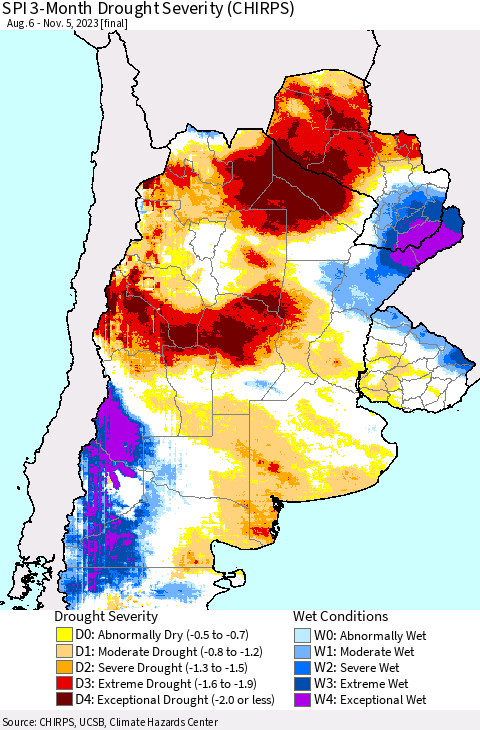 Southern South America SPI 3-Month Drought Severity (CHIRPS) Thematic Map For 8/6/2023 - 11/5/2023