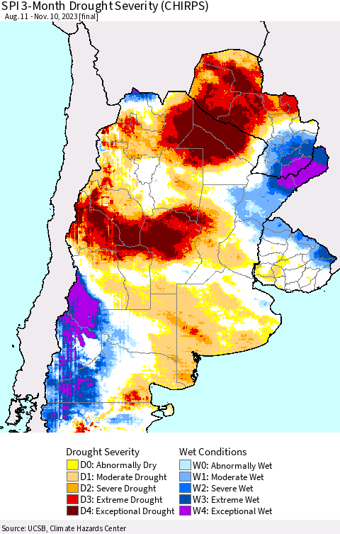 Southern South America SPI 3-Month Drought Severity (CHIRPS) Thematic Map For 8/11/2023 - 11/10/2023