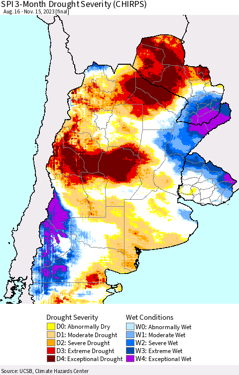 Southern South America SPI 3-Month Drought Severity (CHIRPS) Thematic Map For 8/16/2023 - 11/15/2023