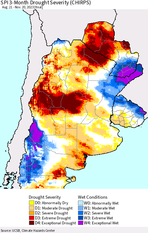 Southern South America SPI 3-Month Drought Severity (CHIRPS) Thematic Map For 8/21/2023 - 11/20/2023